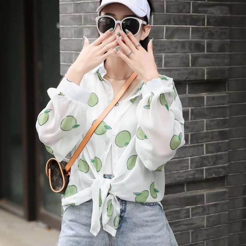 

Ladies Casual Long Sleeve Fruit Print Chiffon Shirt Women Turn-down Collar Outerwear Blouse Tops
