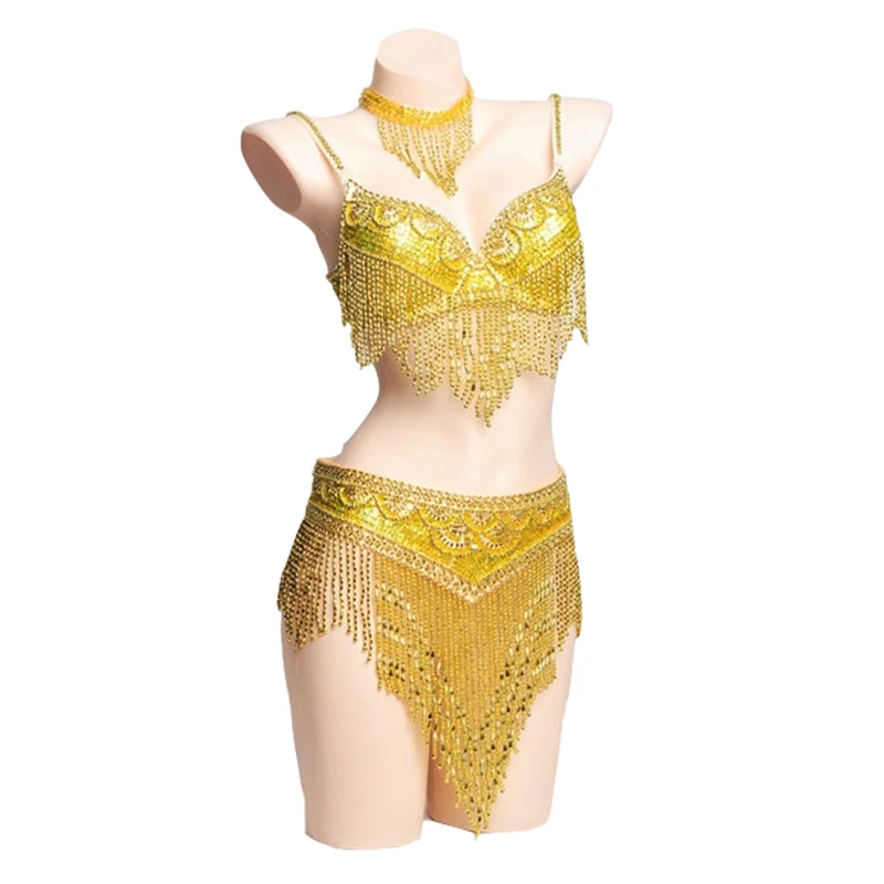 

Golden Women Bellydance Clothes Eastern Style Beaded Top and Belt 2pcs Set Costumes for Belly Dance Bra Costume with Necklace