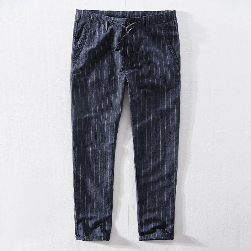 

New summer and autumn linen striped pants men brand casual simple trousers men fashion pants male pantalones broek