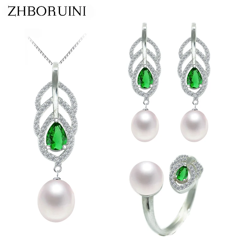 ZHBORUINI Pearl Jewelry Sets Natural Freshwater Pearls Feather Necklace Earrings Ring 925 Sterling Silver Jewelry Set For Women