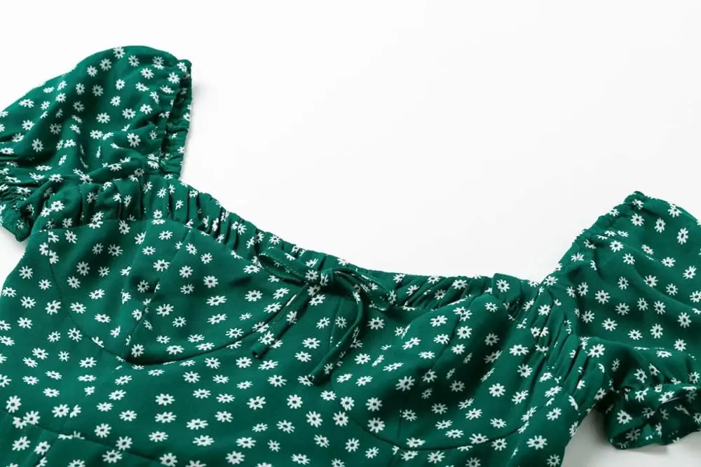 Slim vestidos Green Floral Print Midi Dress Bust Bow Tie summer Vintage Lantern Sleeve women dresses Drop ship | Женская одежда