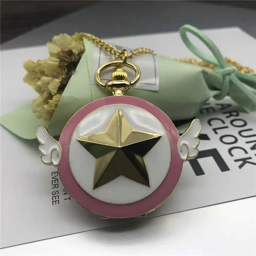 Золотой тон Мультфильм Аниме Cardcaptor Сакура звезда крыло кварцевые карманные часы с цепочкой Fob для женщин CF1030