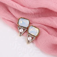 lubov 10 colors square crystal stone piercing earrings imitation pearl rhinestone inlaid triangle metal stud earrings for women