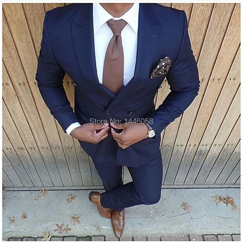 Navy Blue Peaked Lapel Double Breasted Suit Terno Slim Fit Costume Homme Men Wedding Suits Fashion Latest Coat Pant Design | Мужская