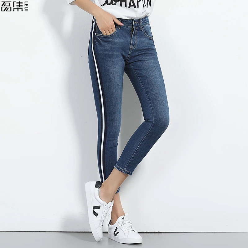 Фото Женские джинсы больших размеров обтягивающие узкие брюки до щиколотки в полоску