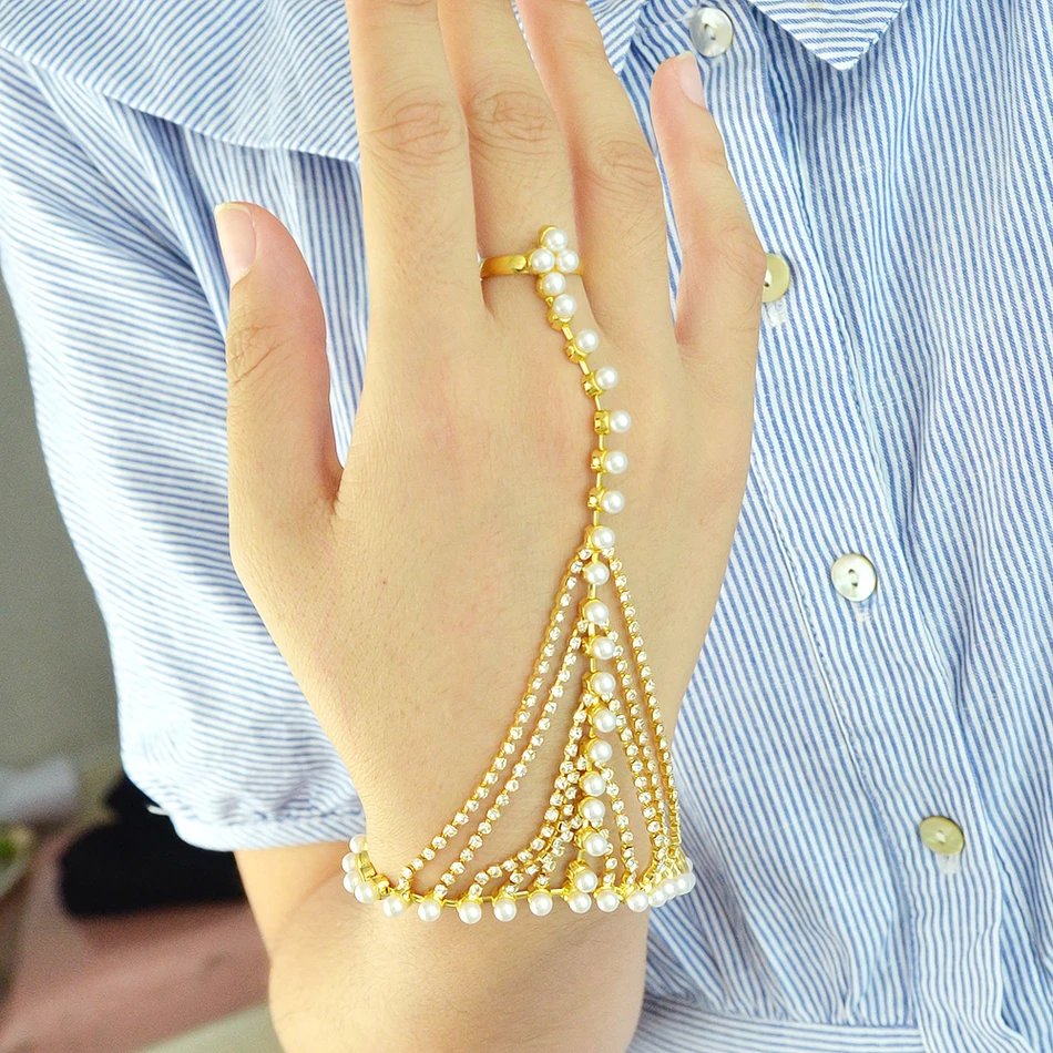 Feelshine Boho Slave Bracelets Gold Color Simulated pearl Chain With Full Rhinestone with Finger Luxury Brand Women|slave bracelet|bracelet