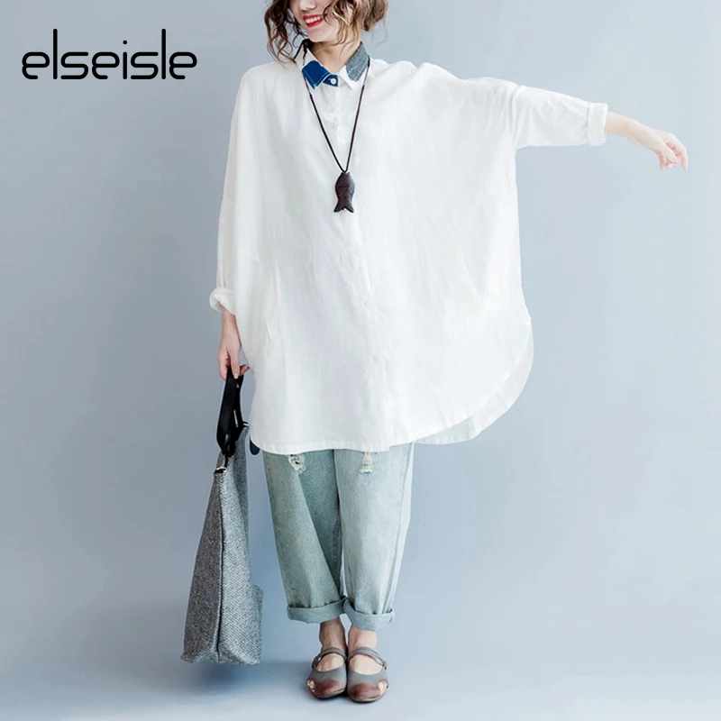 Elseisle блузка и рубашка Женская 3XL 4XL 5XL 6XL оверсайз длинная белая льняная женская