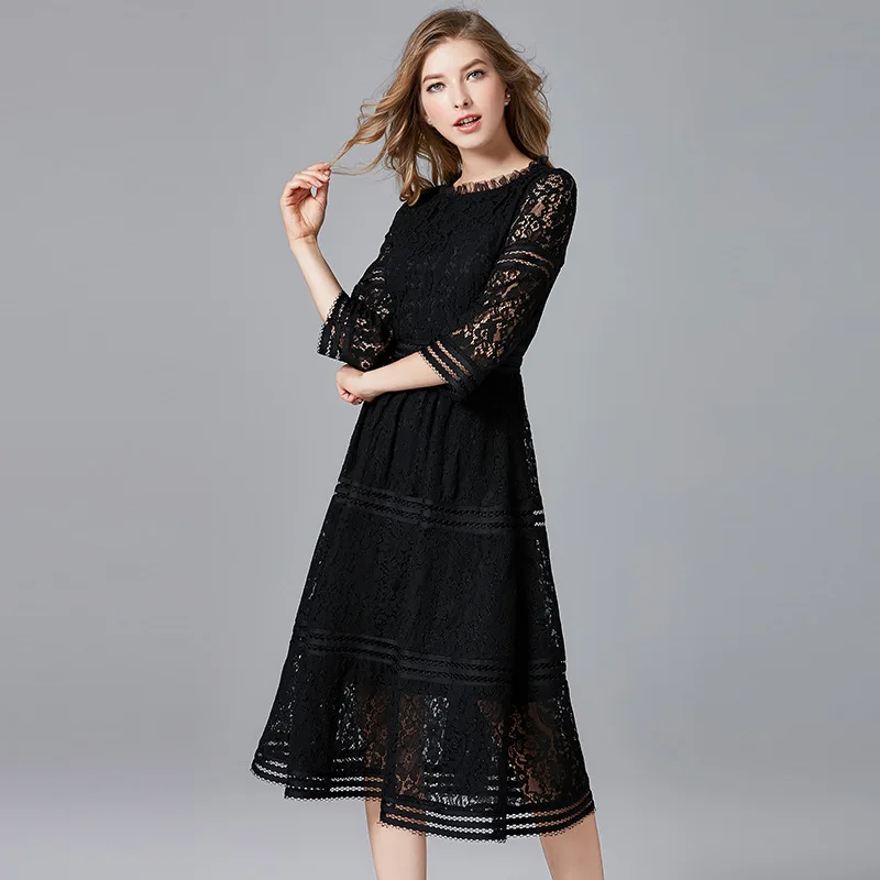 Vestidos De Verano Mujer женские новые трапециевидные темпераментные кружевные открытые с большим подолом элегантное черное платье - Цвет: Long Sleeve