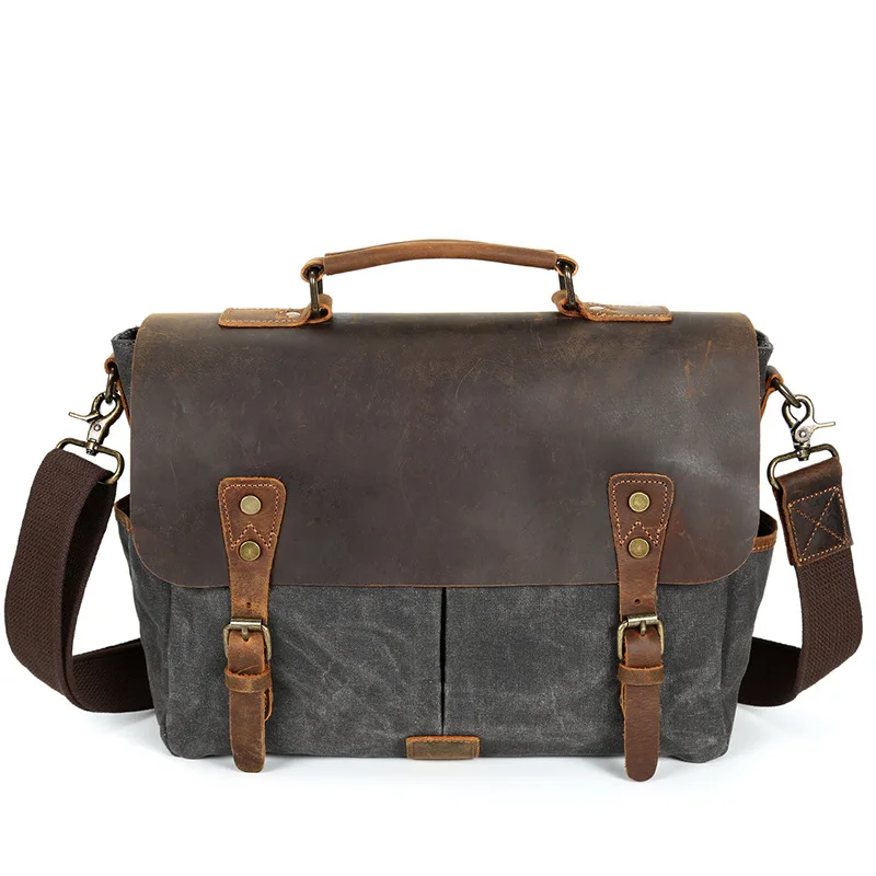2021 New Fashion Bag Vintage Genuine Leather Canvas Handbag Shoulder Bag 14 inch Briefcase Crossbody Camera Bag Laptop