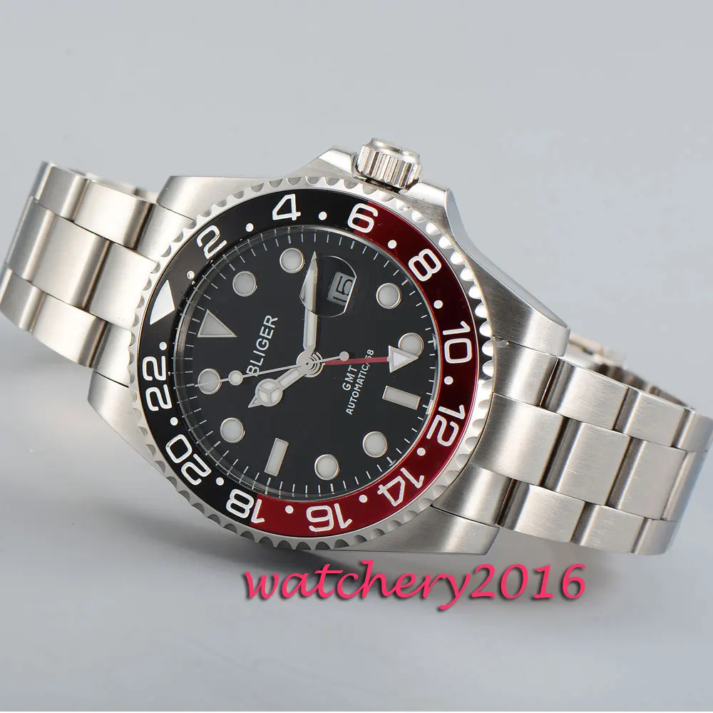 Modisch 43 мм Bliger черный циферблат белые следы сапфировое стекло GMT автоматические