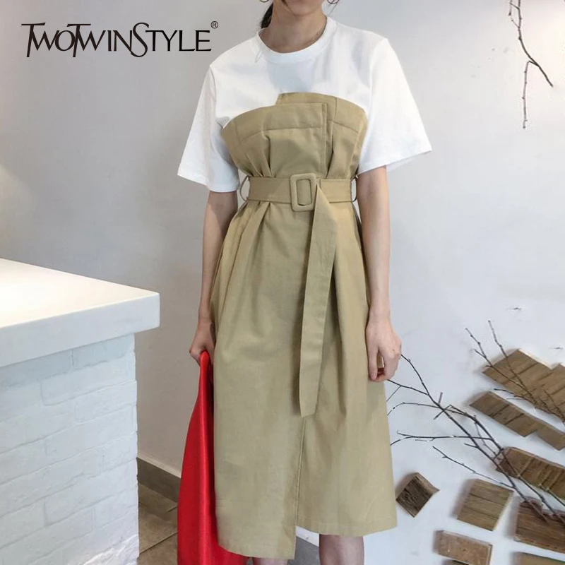 Женское платье с поясом TWOTWINSTYLE Летнее Длинное коротким рукавом рюшами и высокой