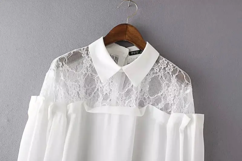 Новая коллекция весна женщины шифон блузки Lattern рукава рубашки кружева шить