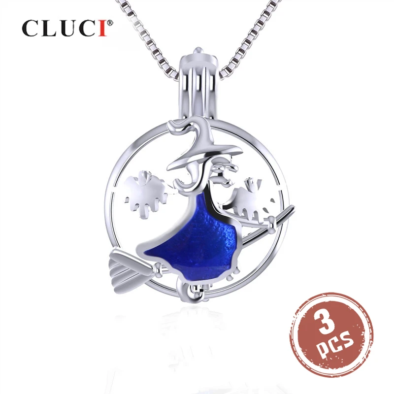 

CLUCI 3pcs Silver 925 Pendant for Women Halloween Round Flying Witch Shaped 925 Sterling Silver Pendant Pearl Locket SC321SB