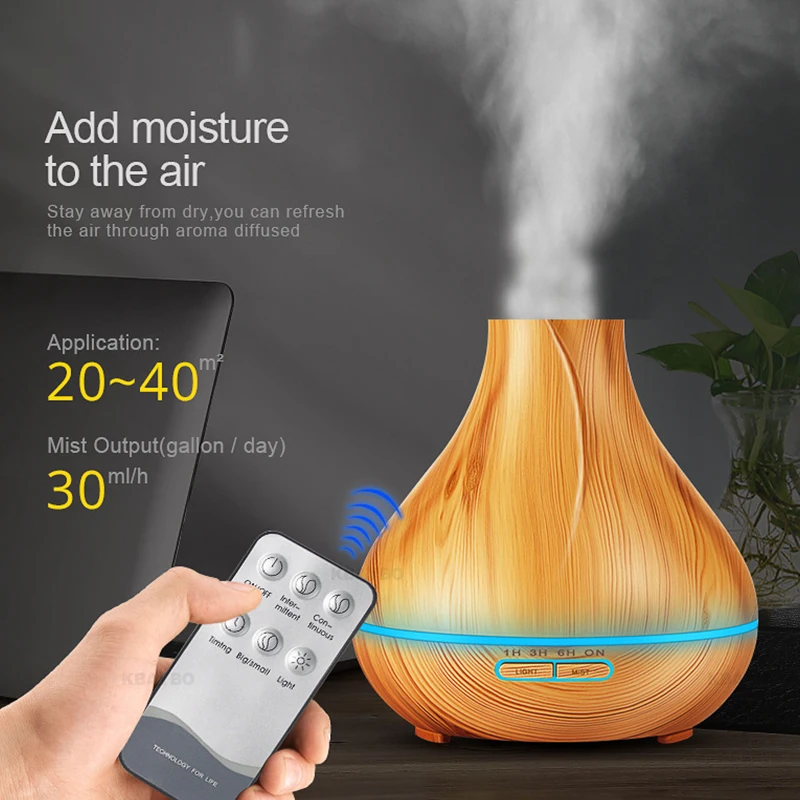 

400ML Essential Aroma Oil Diffuser Ultrasonic Air Humidifier Wooden Grain Cool Mist Maker Colorful Light For Home Office