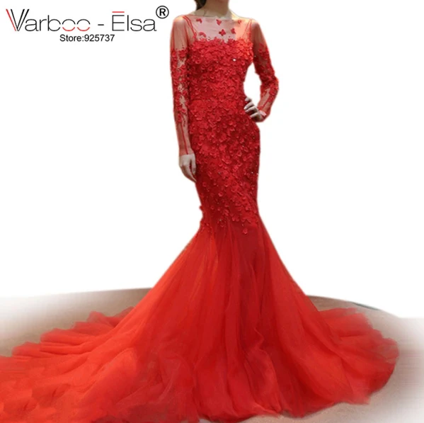 VARBOO_ELSA 2018 китайское свадебное платье красное кружевное Русалочки с 3D аппликацией