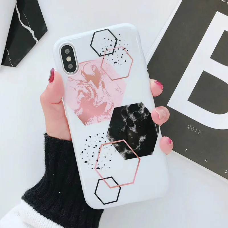 Карамельный цвет Мрамор чехол для iPhone X 6 S 7 8 забавные Соединенные геометрические