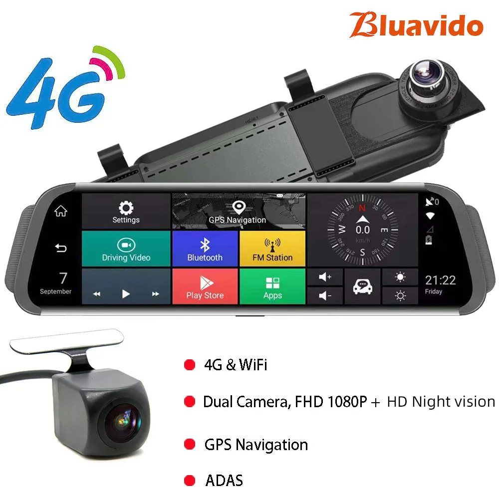 4G with HD rear cam Автомобильный видеорегистратор Bluavido 4G ADAS, gps, Android 10 дюймов, поток медиа, зеркало заднего вида, FHD 1080 P, WiFi, видеорегистратор, регистратор - Название цвета: 4G with HD rear cam