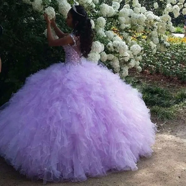 Сиреневое платье Quinceanera для девочек блестящее с бусинами пышное оборками