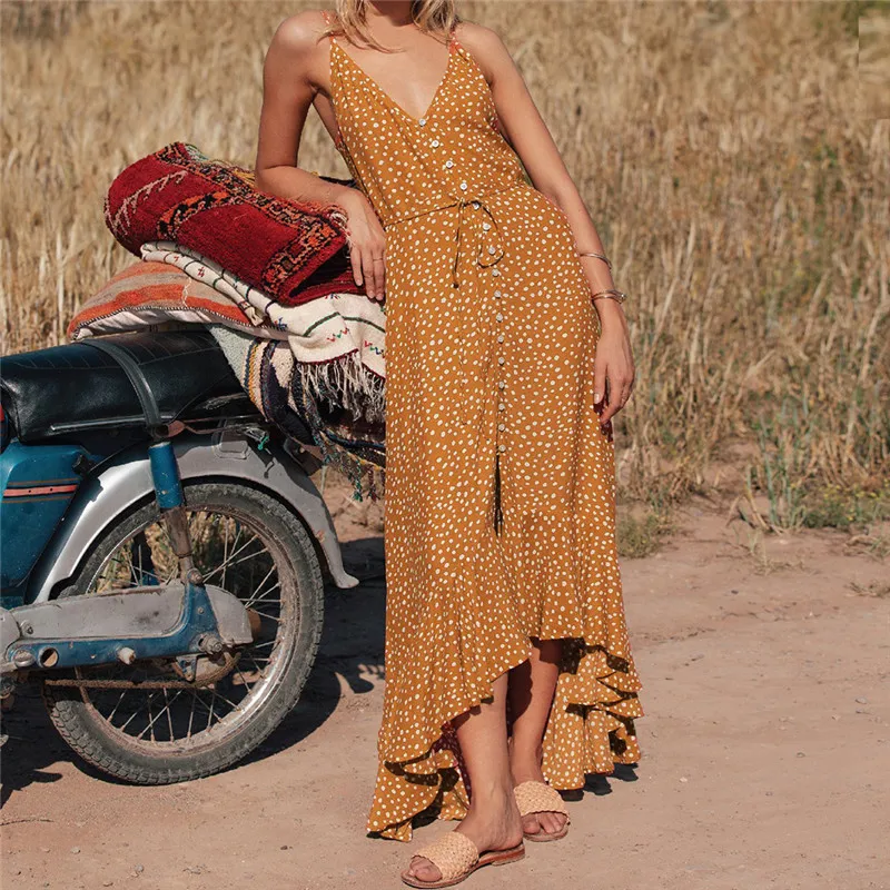 Летнее платье женское с волнистыми кнопками без рукавов лямкой на шее