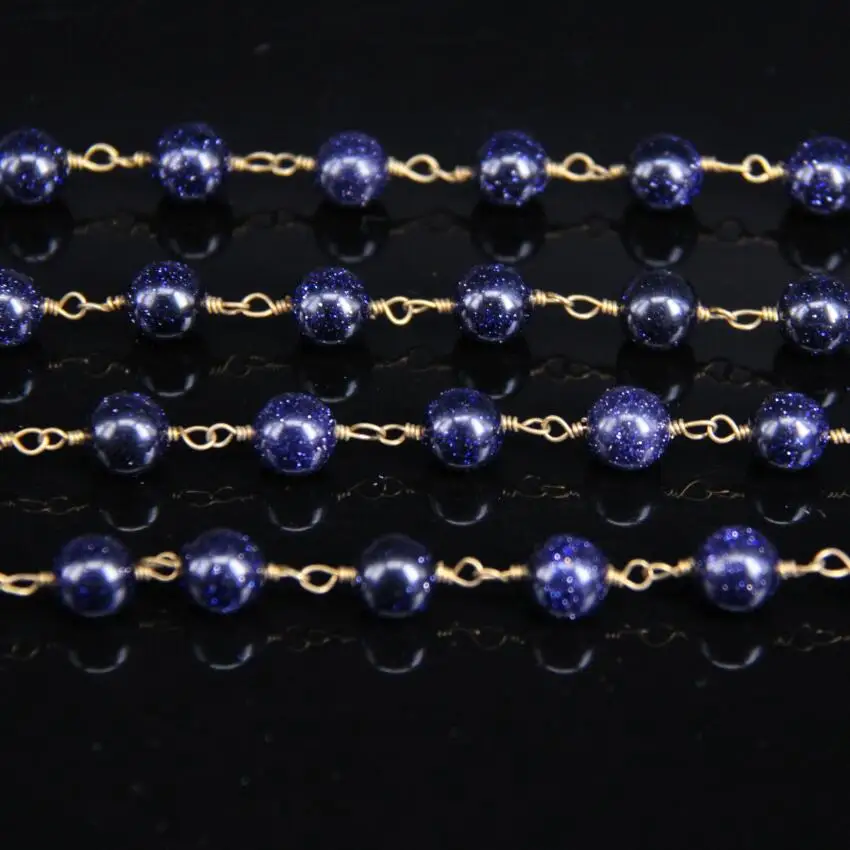 

8mm Blue Goldstone Smooth Round Bead Chain,Brass Wire Wrapped Blue Stone Rosary Chain DIY Necklace bracelet Jewelry Wholesale