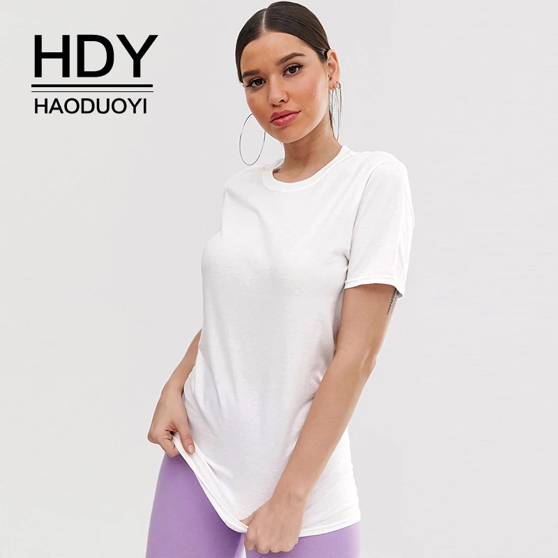 HDY Haoduoyi Повседневная однотонная белая трикотажная футболка с круглым воротником