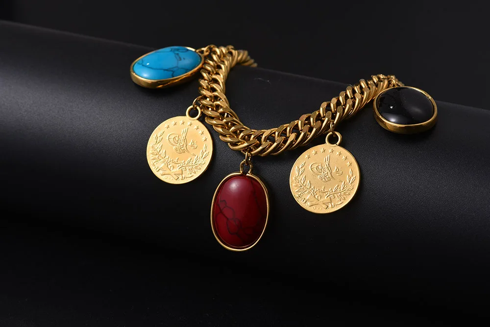 Length 22.5CM/Turkey Coin Bracelet for Women Gold Color Turks Simgesi Osmanli Turasi Muslim Islam Bangle Arab Allah Jewelry