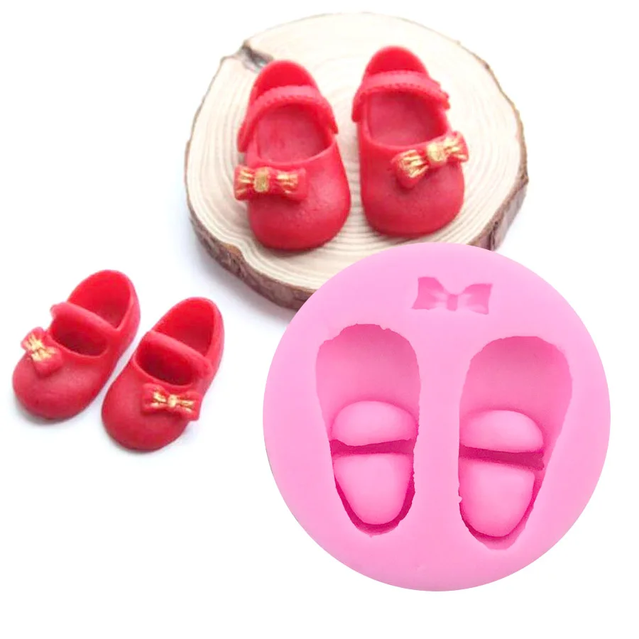 X059 Children's Day Cute Pair Bowknot Baby Shoe Silicone Fondant Mould Cake Decorating Mold Cupcake