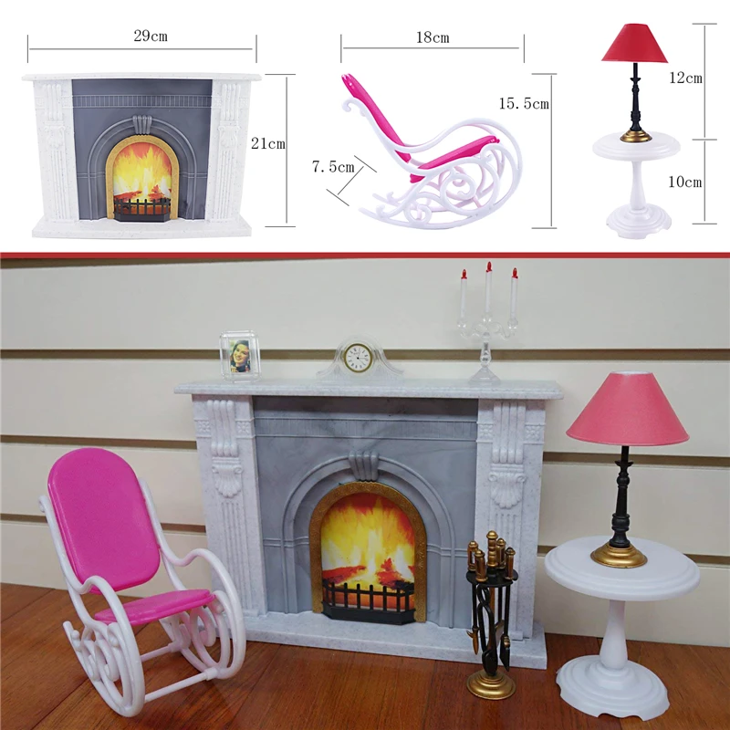 For Barbie Furniture Hearth Miniature Fireplace Play Set with Rocking Chair Desk Lamp Tools for 1/6 Doll Accessories DIY Toy | Игрушки и