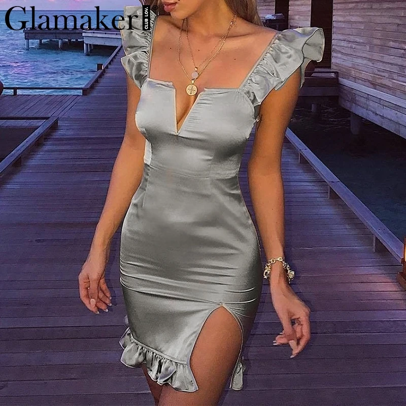 Женское атласное платье с оборками Glamaker винтажное облегающее короткое разрезом