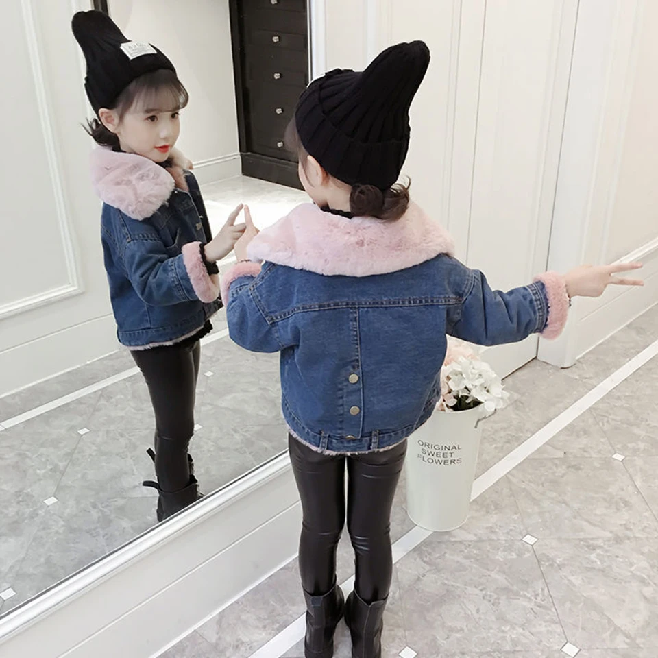 2019 Pink/Grey Color Jeans Jackets For Girl Coat Plus Velvet Windbreaker Autum Winter Outwear Children Solid Coats | Детская одежда и