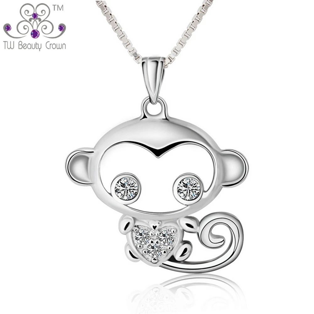 

Real 925 Sterling Silver Lovely Monkey King White Cubic Zirconia Pendant Necklaces For Woman Young Lady Jewelry