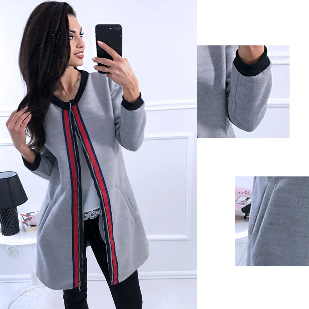 Autumn Winter Zipper Coat 2018 Fahsion New Womens Patchwork Blends Full Sleeve Pockets Casual Female Black Jumpers Warm | Женская одежда