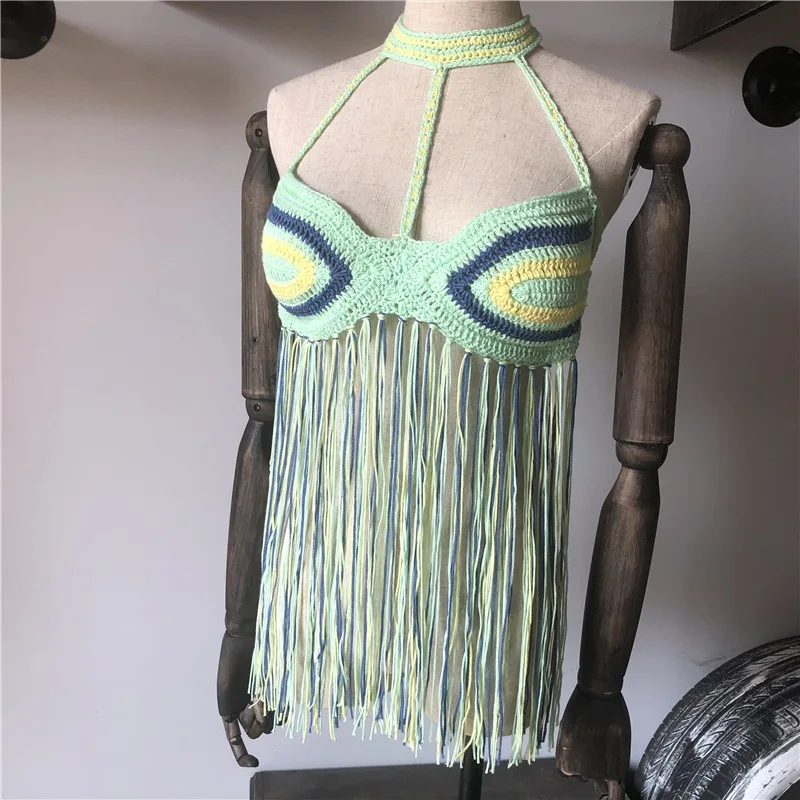 Бикини Крючком черный сексуальный женский топ с кисточками Boho пляжный купальник бахрома вязаная крючком бикини бюстгальтер с бретельками