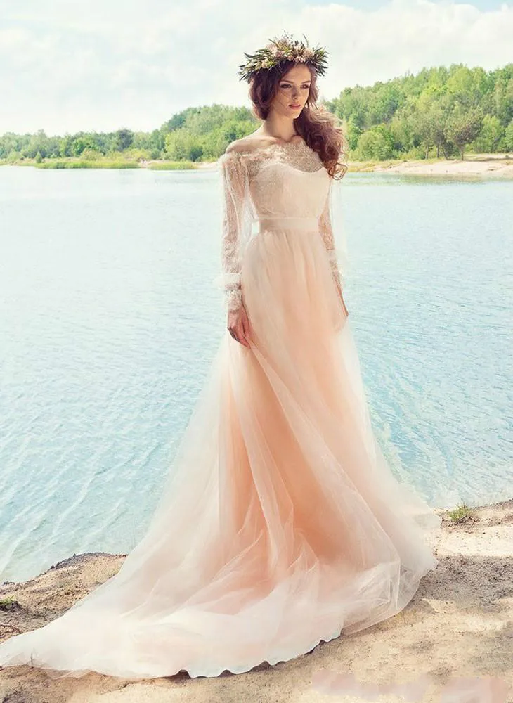 Bonjean розовый тюль кружева Пляжные Свадебные платья 2019 страна Стиль халат де mariée с