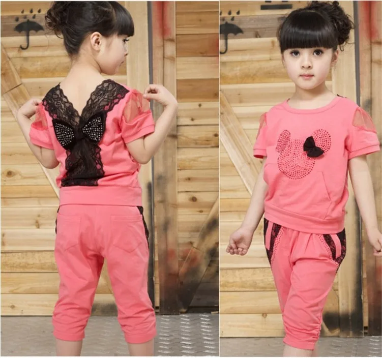 

Кружевной комплект одежды для девочек, детская одежда, летняя одежда с бантом для девочек, детский спортивный костюм, футболка + штаны, компл...