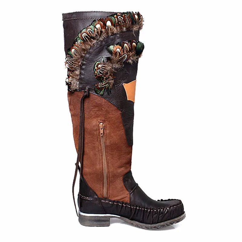 Prova Perfetto куриное перо декор женские сапоги до колена зимние теплые botas mujer боковая молния натуральная кожа платформа высокие сапоги