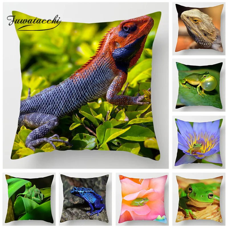 

Fuwatacchi Frogs Lizard Chameleon Cushion Cover Animal Pillowcases Cute Green Purple Decorative Cushion Covers for Home Chair