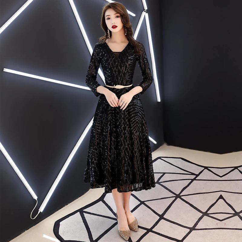 weiyin 2020 New Black V Neck Evening Dresses Long Sleeves Sequined Tea-length Party Gown Formal WY1238 | Свадьбы и торжества