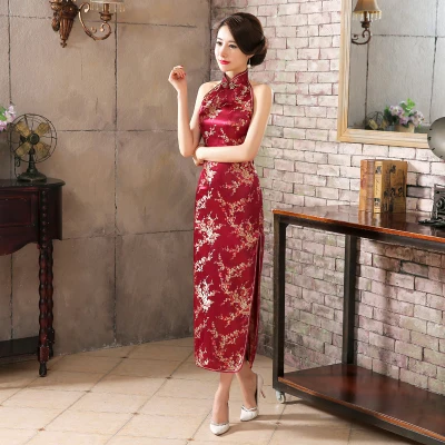 wine red Темно-синяя винтажная Женская атласная вечернее платье Китайская Новинка без спинки Ципао с цветами Размер S M L XL XXL XXXL - Цвет: wine red