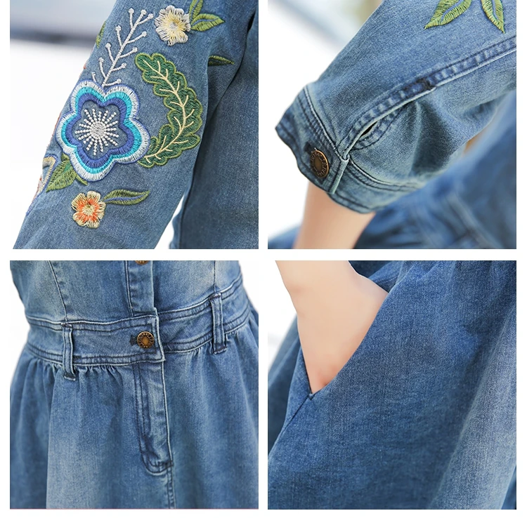 2017 Denim Dress Плюс Размер Женщин Туника Тонкий Вышивка Летний Стиль С Коротким