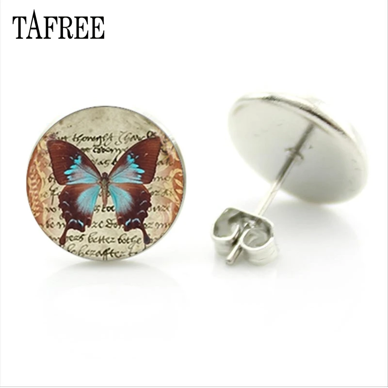 TAFREE Brand Beautiful Butterfly Art Patterns Stud Earring Glass Cabochon Dome Earrings for Women Girls Fashion Jewelry JS135 | Украшения и