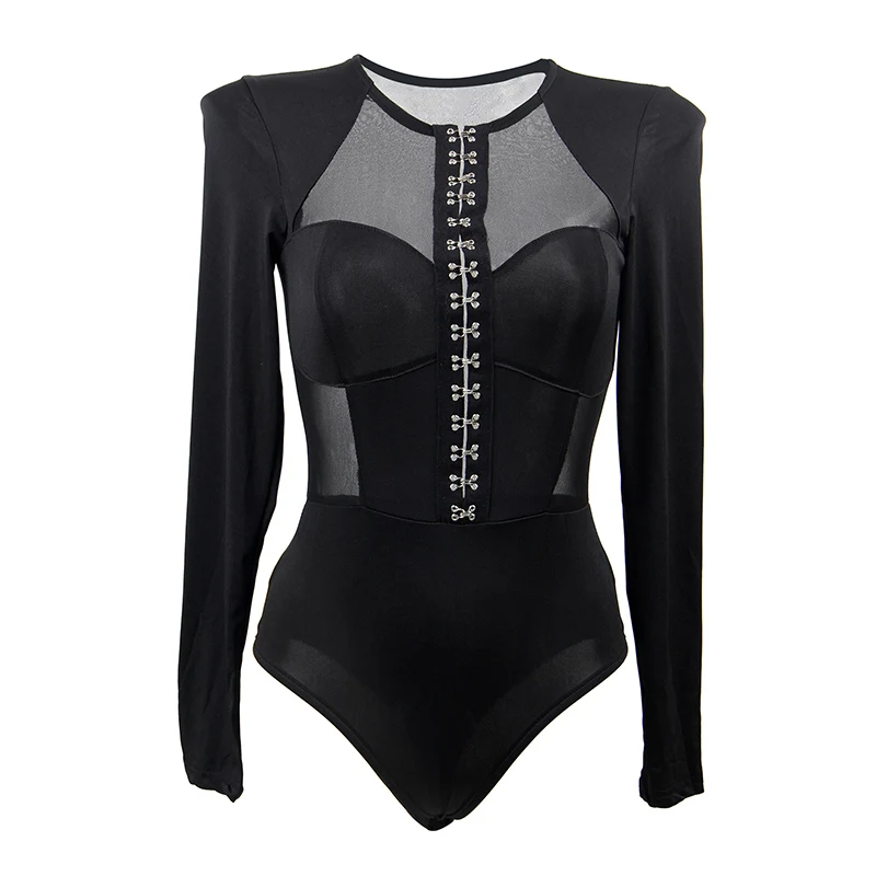 black bodysuit Черный прозрачный сетчатый комбинезон с v-образным вырезом и длинным рукавом на эластичной пуговице, базовые Прозрачные топы, обтягивающий сексуальный комбинезон, женский комбинезон R80753 - Цвет: black bodysuit