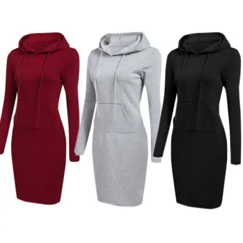 

Women Long Sleeve Hooded Dress Solid Color Pockets Skinny Long Sweatshirts Winter Autumn Thermal Casual Hoodies