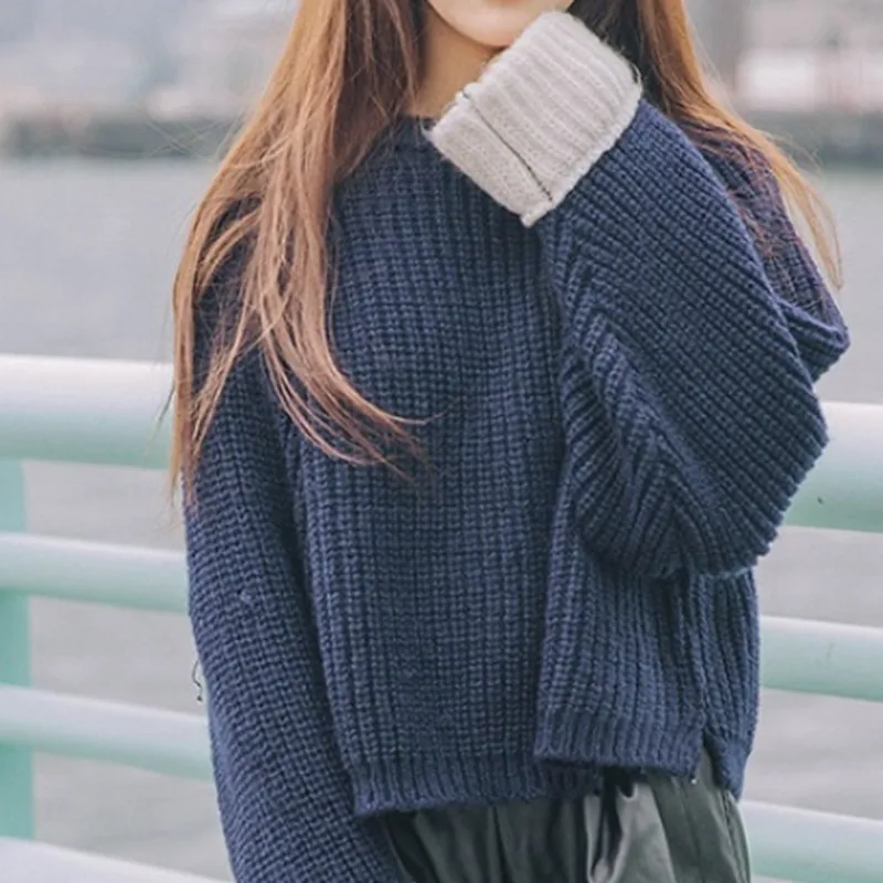 Fashion O-neck Women's Sweater Korean Vintage Color Block Cuffs Loose Bat Sleeve Pullovers Woman Winter 2019 | Женская одежда