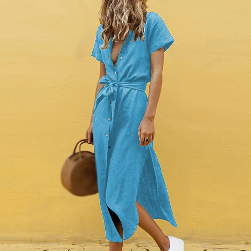 Женское платье повседневный стиль сплошной цвет v образный вырез пуговица