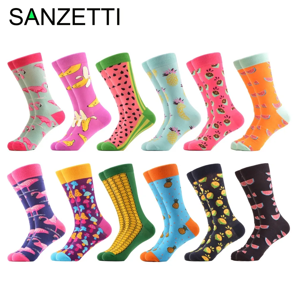 SANZETTI, 12 пар/лот, цветные мужские повседневные носки из чесаного хлопка, свадебные носки, забавная уличная одежда с рисунком ананаса и фламинго