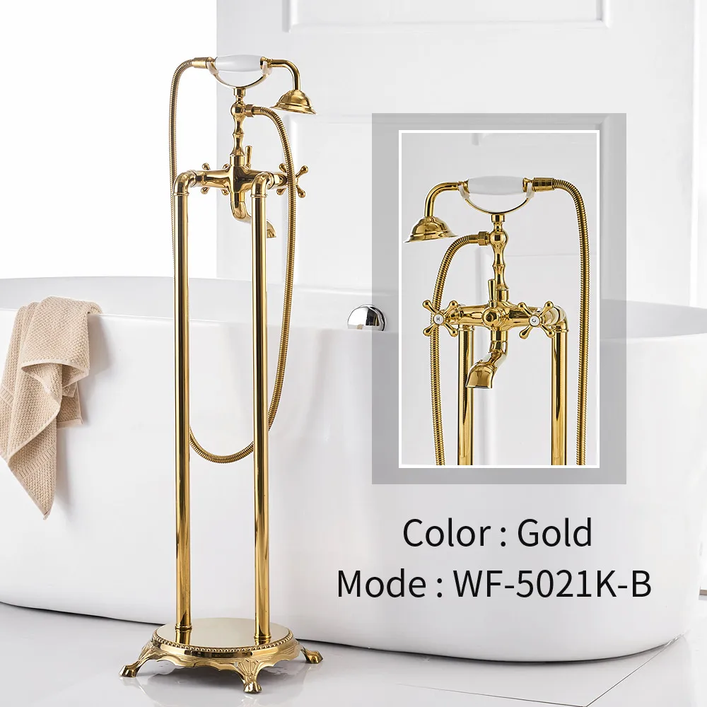Gold WF-5021K-B Смесители для ванной роскошный золотой Латунный смеситель дождь для ванной комнаты ручной евро напольный стенд телефон для ванной смеситель для душа WF-5021K - Цвет: Gold WF-5021K-B
