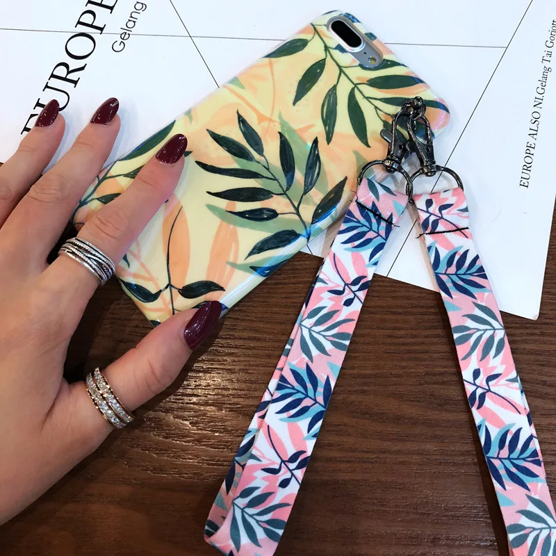 Blu-ray pink green leaf iPhone7 mobile phone shell x lanyard 6s all-inclusive anti-fall 8plus | Мобильные телефоны и