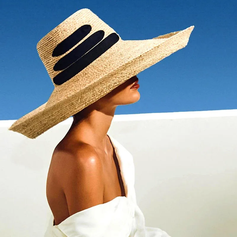 2020 New Fashion Black Bandage Ribbon Ladies Raffia Hat Roll Up Kentucky Derby Sun Hat Large Wide Brim Summer Beach Straw Hat