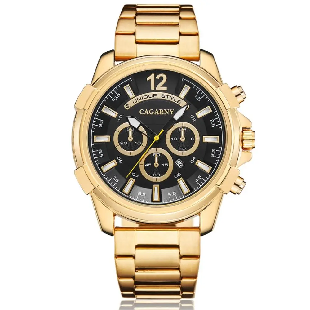 

Часы наручные Cagarny Мужские кварцевые, брендовые золотистые модные деловые, из нержавеющей стали